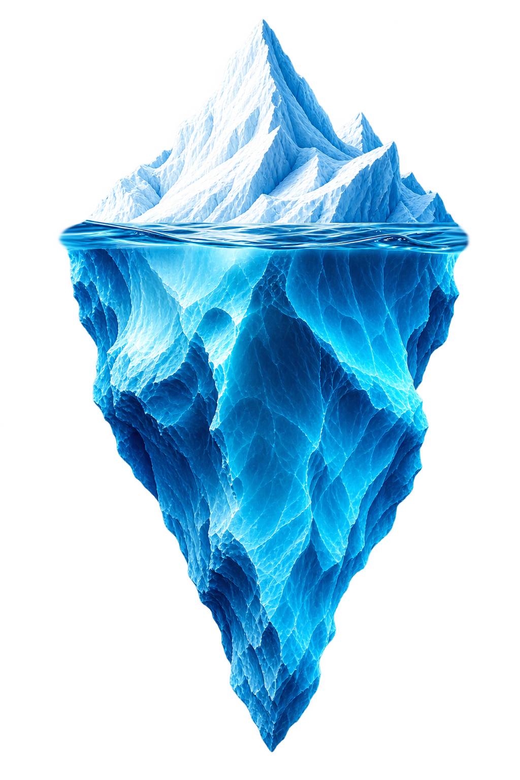 Iceberg: la pequeña punta sobre el agua representa la IA que todos usan hoy; la base, mucho más grande, bajo el agua, representa los dos niveles donde opera JazLatam.